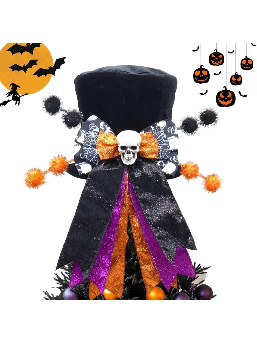 〽️Halloween Tree Topper Hat Wired Bow Black Velvet Top Skull Orange Glitter